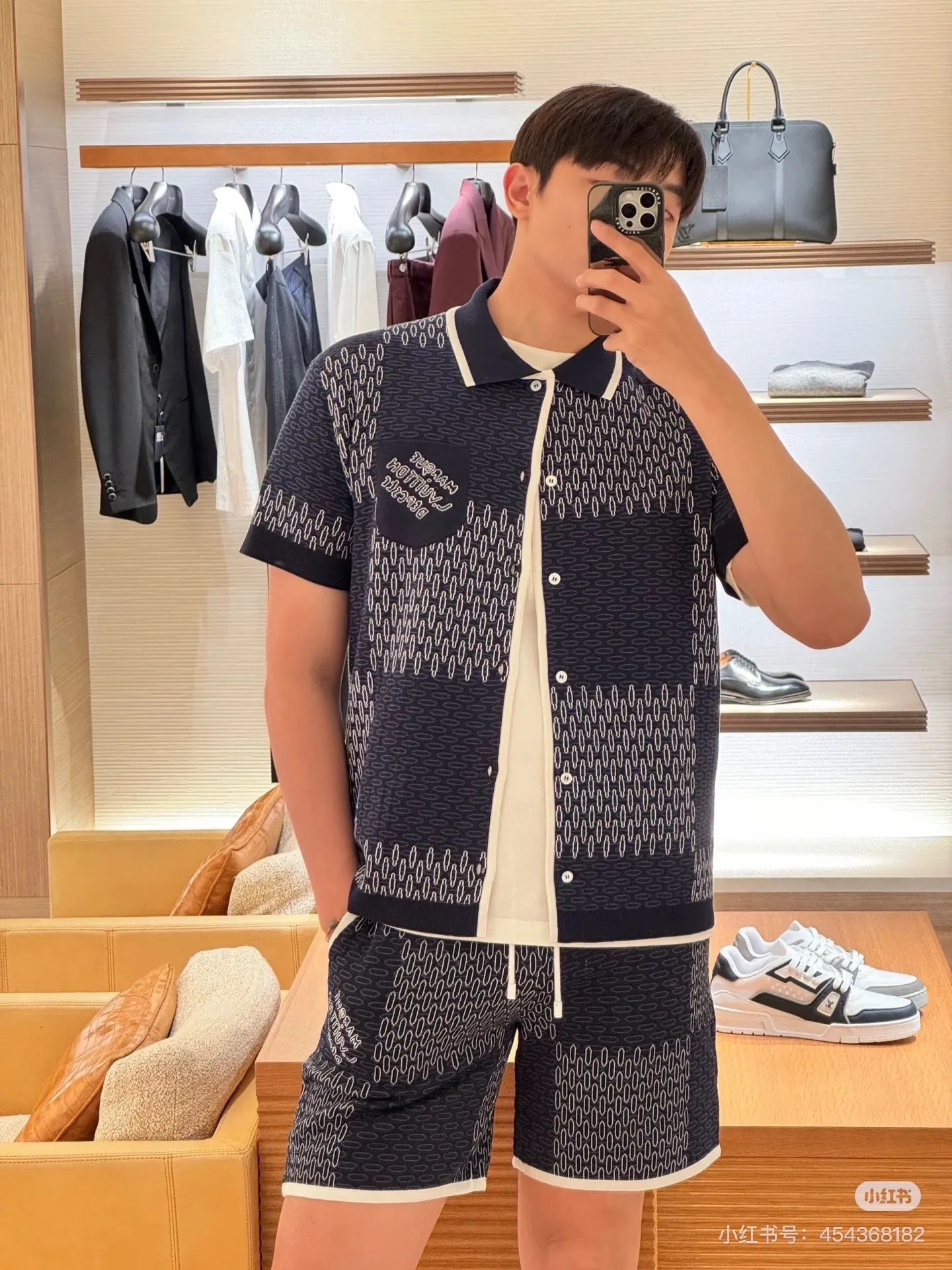 Louis Vuitton/Louis Vuitton 26ss checkerboard jacquard knitted cardigan short sleeves